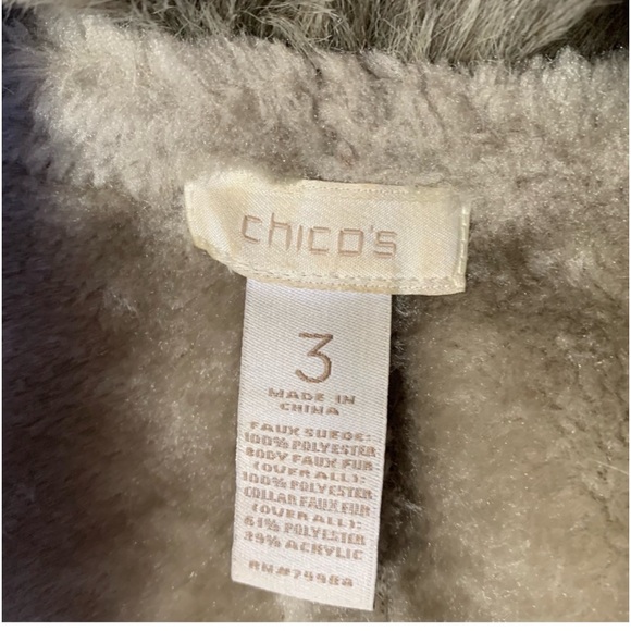 CHICOS LONG WHIMSICAL WHYNEE
FAUX SUEDE/FUR COAT IN OCEAN FOG.
SZ 3/XL - Picture 7 of 11